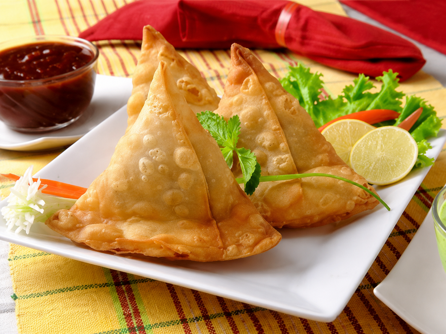 Traditional golden vegetable samosa, a popular appetizer at our Boca Raton Indian restaurant