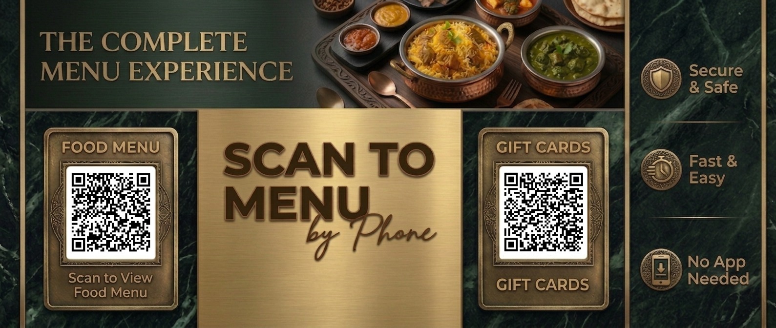 Maya Flavors of India menu scan and gift card showcasing authentic North and South Indian cuisine in Boca Raton.